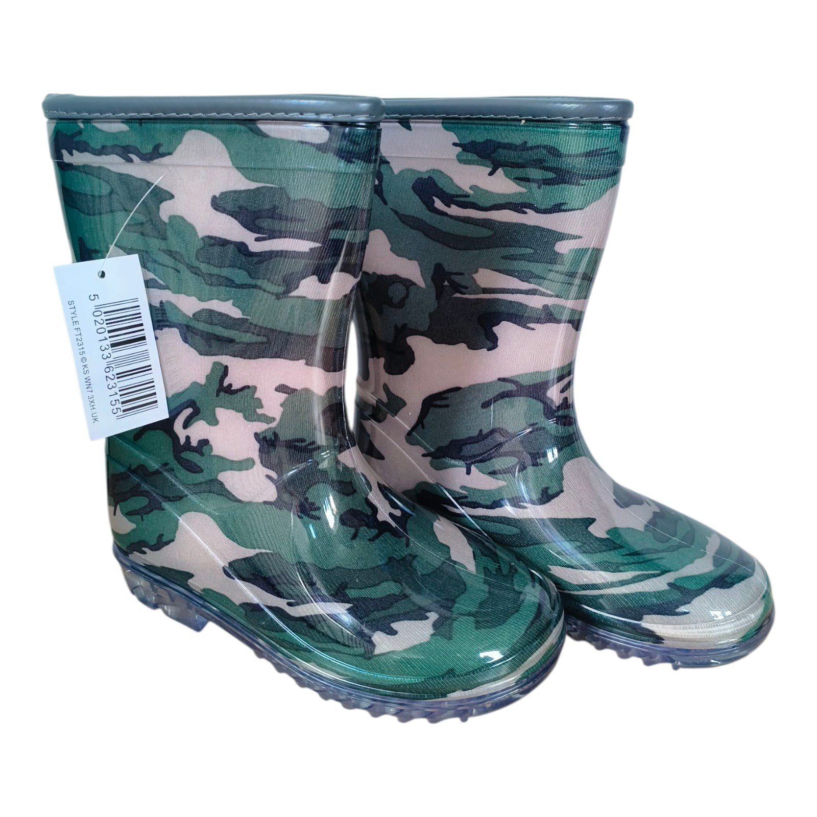 Boys Green Camo Wellington Boots